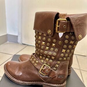 UGG Women's Brown Moto Leather Boots with Gold Studs